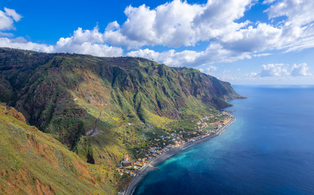 Landscape with panoramic view of Paul do Mar and the coast of Madeira, Portugalの写真素材