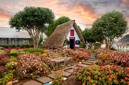Traditional rural house, Santana village, Madeira island, Portugalの写真素材