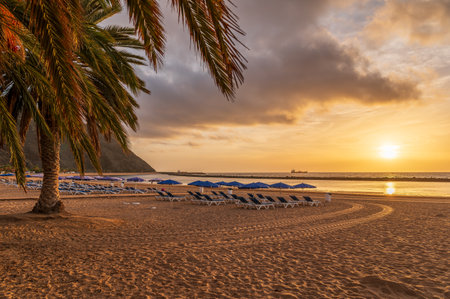 Explore the serene Las Teresitas Beach with its golden Sahara sands, nestled by Tenerife lush Anaga Mountains, and the charming San Andres village.の写真素材