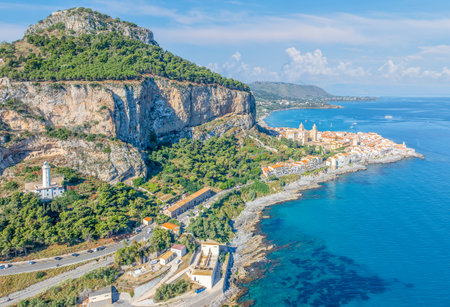 Aerial view showcasing its historic architecture, stunning coastline, and Mediterranean charm of Cefalu, Sicily.の写真素材