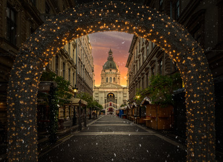 Christmas market at Saint Stephen Basilica in Budapest, with festive lights and holiday charm,  Hungaryの写真素材