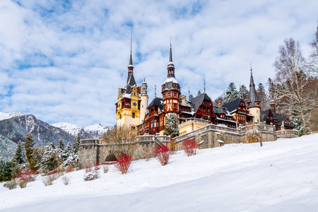 Majestic Peles Castle in the Carpathian Mountains, Sinaia, Romaniaの写真素材