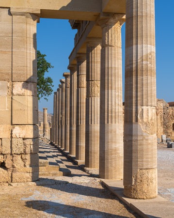 Ruins of ancient acropolis temple in Lindos, Rhodesの写真素材