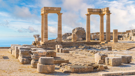 Ruins of ancient acropolis temple in Lindos, Rhodes, Greeceの写真素材
