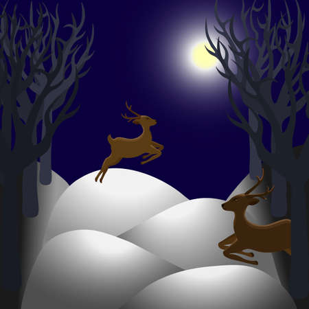 Deers in the forest, winter night, trees and moon. Illustrationのイラスト素材