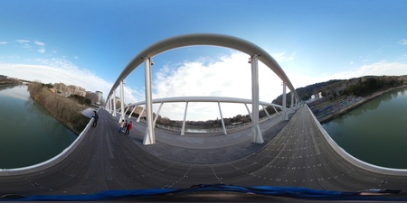 Blue is swimming pool, reflection and pier. That marvel has vehicle, boat and dam, dike, dyke and that beauty contains vacation, steel arch bridge and bannister, banister, balustrade, balusters, handrail.の写真素材