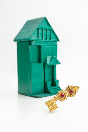 Vintage golden key levitating in front of a defocused green house, isolated on white backgroundの写真素材