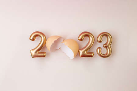 2023 written with golden letters and an egg shell, happy new year beige card designの写真素材