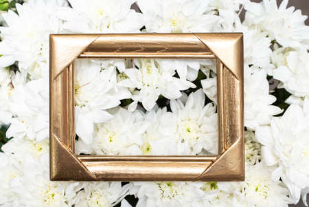 Golden frame on white chrysanthemum flowers background. Festive floral backdropの写真素材
