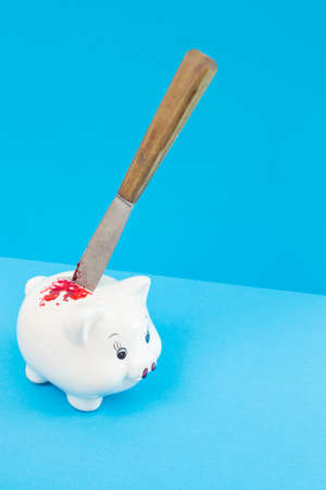 white little piggy bank with a knife in it's back. Financial crisis metaphor, isolated on blue background.の写真素材
