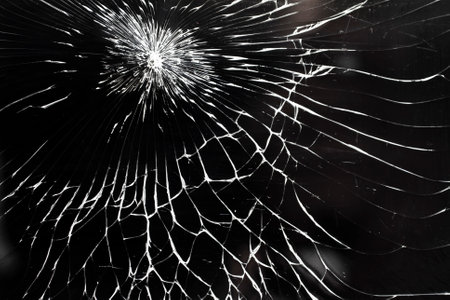Cracked smart phone screen, abstract pattern with white lines on black background