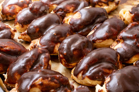 Many home made eclairs covered with chocolate, side view soft focus background