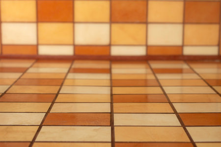 Rectangular ceramic tiles counter and backsplash mockup, soft focus perspective close up, empty design for product placementの写真素材