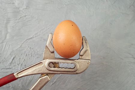 A Spanner wrench Holding An Egg on gray cement background, stress on new life metaphor, soft focus...