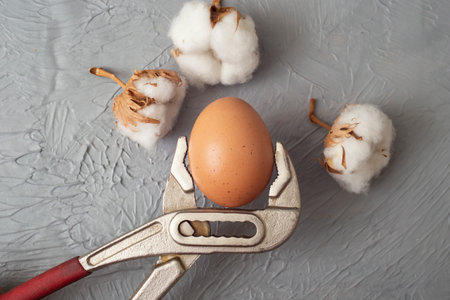 A Spanner wrench Holding An Egg on gray cement background, with cotton flowers, Easter stress...