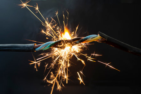 flame smoke and sparks on an electrical cable, fire hazard concept, soft focus close upの写真素材