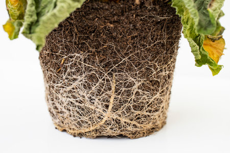 Dry roots structure of a dead potted plant, soft focus close upの写真素材