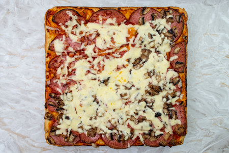 square shaped pizza with cheese and salami on white marble background, flat lay close upの写真素材