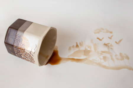 brown coffee spill on white paper background, soft focus side viewの写真素材