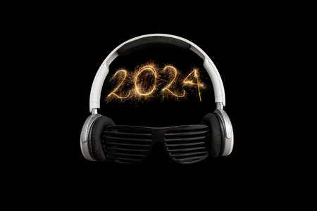 2024 number written with bengal sparklers, headphones and black stripped sun glasses on black...