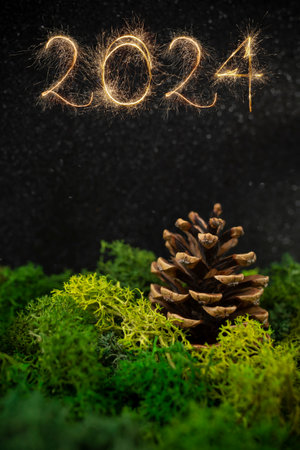 Pine cone in lush lichen moss, with 2024 number written with bengal sparklers on dark night ...