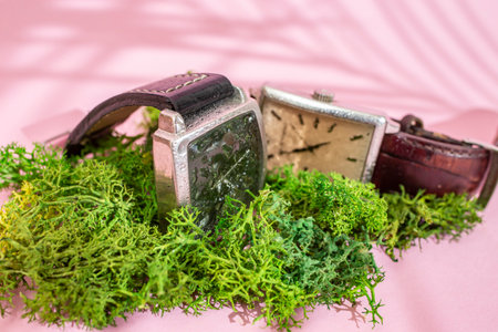 Two Generic wrist watches on green lichen sprinkled with water, resistance concept, soft focus close upの写真素材