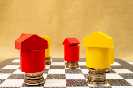 Wooden blocks houses on coin stacks used as chess pieces