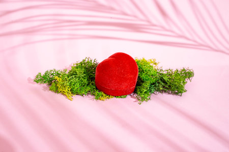 Red velvet jewelry box with green lichen moss on pink background with palm leaf shadows