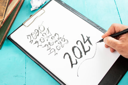 hand with pen writing past and present years number, 2024 new year resolution on a clipboardの写真素材