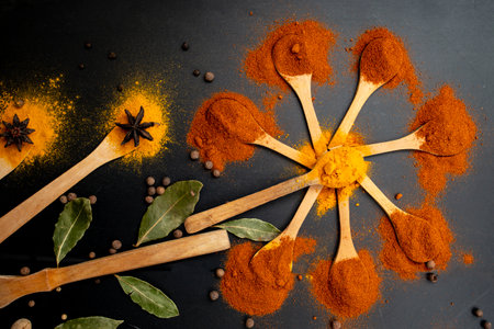 Paprika, turmeric, and bay leaves arranged like flowers on wood tea spoons on black backgroundの写真素材