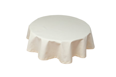 White cloth on a round shaped table, side view isolated on white backgroundの写真素材