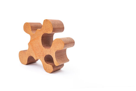 Fluid shaped wood puzzle piece isolated on white background, abstract backdrop, soft focusの写真素材