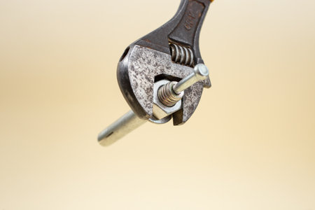 Adjustable wrench tightening a screw on beige background, soft focus