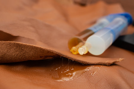 Double syringe with epoxy gel gluing and spilling on genuine brown leather texture, soft focus close...