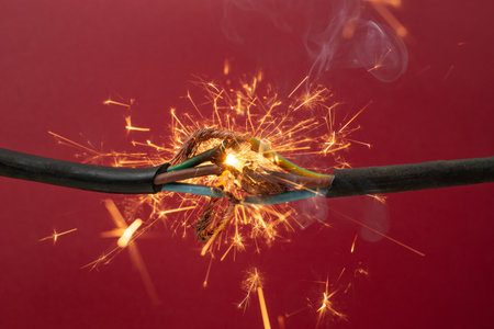 Sparks explosion between electrical cables, on red  background, fire hazard concept, soft focusの写真素材