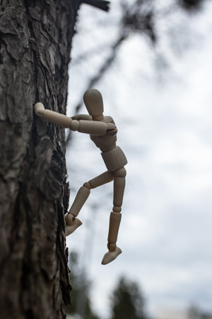 wooden articulated mannequin climbing on a pine tree, soft focus close up, with copy spaceの写真素材