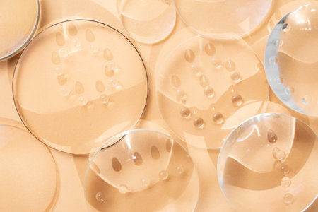 Clear magnifying lenses on bright cream background, with  water drops and shadows
