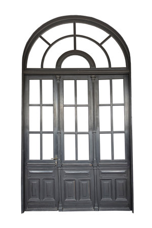 Black triple door with arch and many windows, isolated on whiteの写真素材