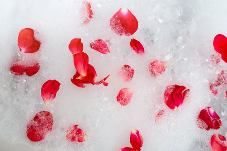 White bath foam with red roses petals floating, abstract bubbles textureの写真素材