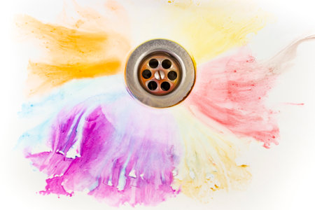 Watercolor stains on white ceramic sink, abstract backdrop