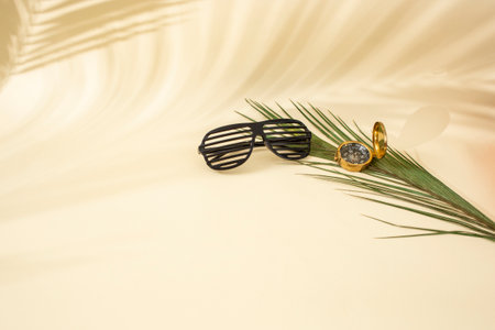 Abstract summer holiday backdrop with palm leaf, grated sunglasses and golden compass, on beige backgroundの写真素材