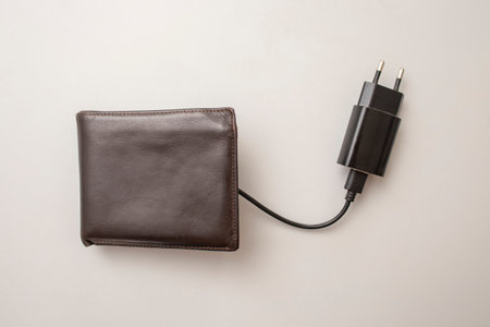 Brown leather wallet with a cable and charger on gray background, electronic currency
