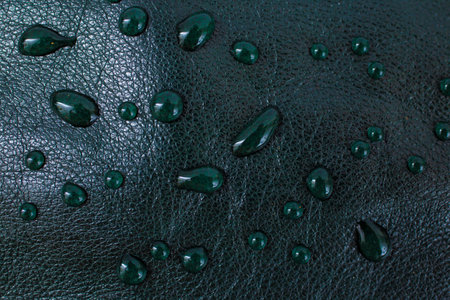 Round water drops on black green leather texture, side view, soft focus macro patternの写真素材