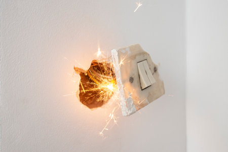 Short circuit sparks and flame in a striped broken outlet on a white wall background , short circuitの写真素材