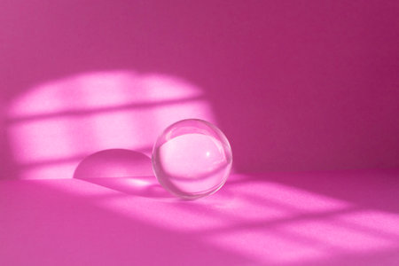 Abstract pink colored room background with window sun light trails and a glass sphere Backdrop with shadows of a window for product display defocusedの写真素材