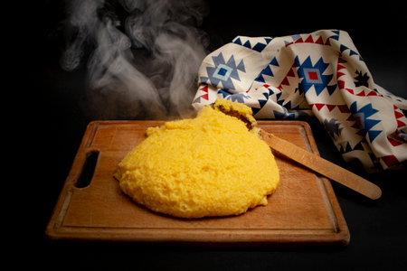 Romanian traditional mamaliga on a wooden chopping board next to a eastern motifs table clothの写真素材