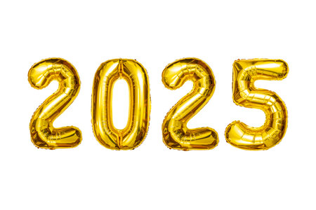 New Year 2025 celebration. Golden tin foil  balloons, 2025 numbers Isolated white background. New years eve Partyの写真素材