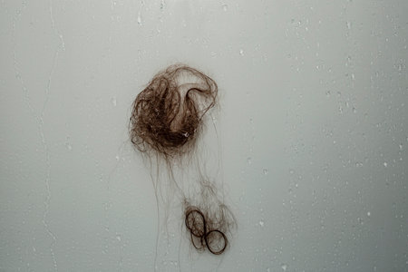 Fallen brown hair on gray plastic shower wall