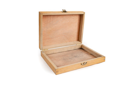 Empty shallow wooden case with open lid, abstract backdrop for product placement, soft focus close...