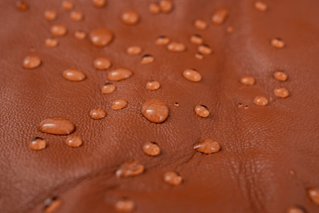 Round water drops on red brown leather texture, top view, soft focus close up